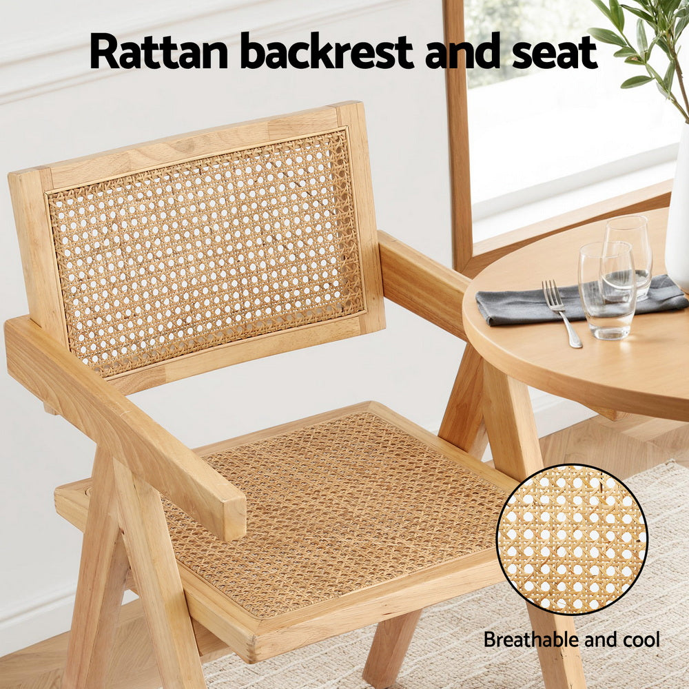 2x Dining Chairs Wooden Rattan Seat Rubber Wood Frame