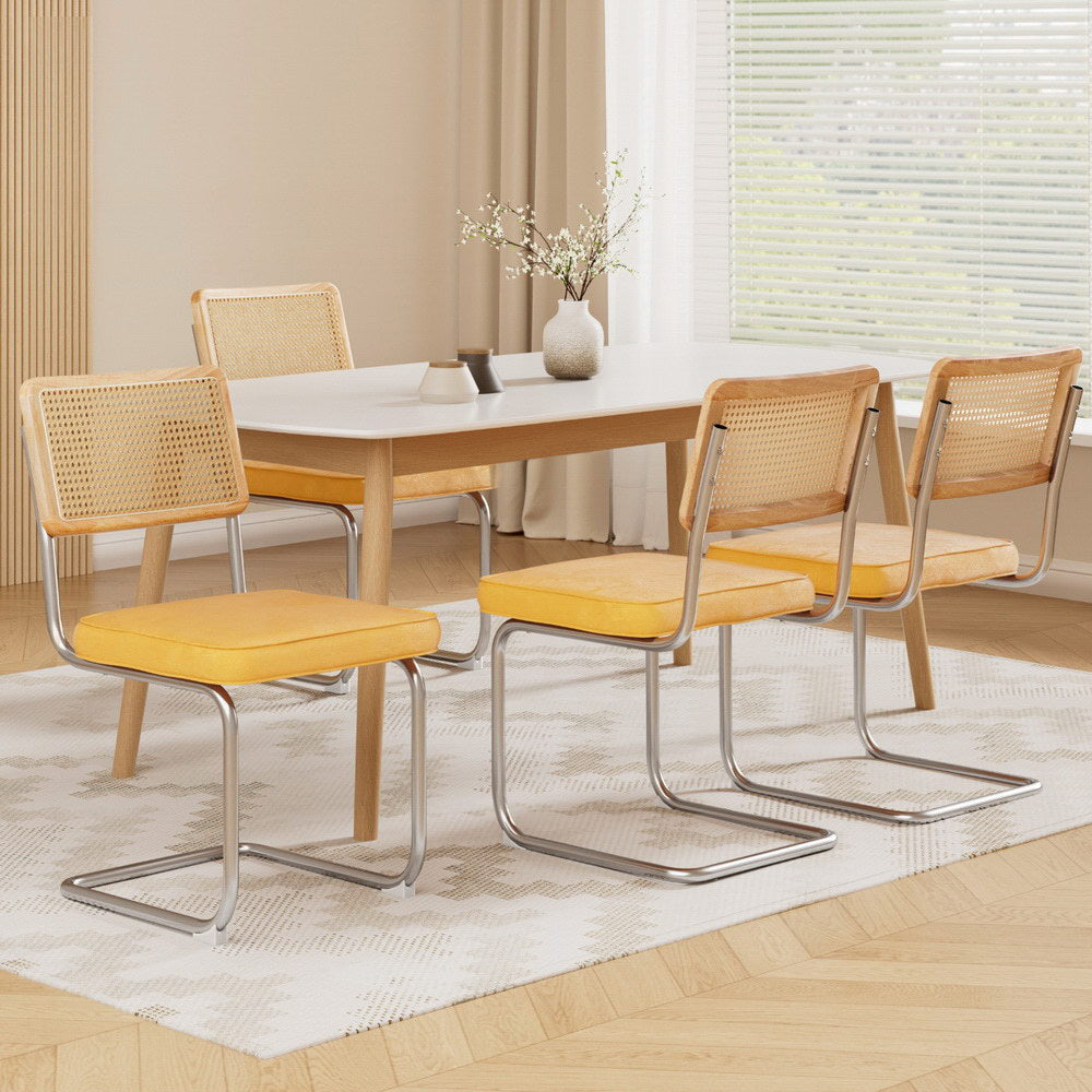 Dining Chairs Set of 4 Velvet Rattan Cantilever Yellow