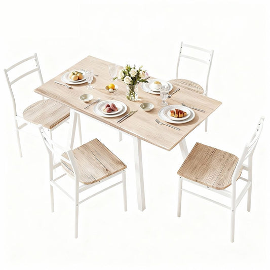 Dining Table and Chairs Set 5pcs with Extendable 60-120cm Drop-Leaf Table Natural White