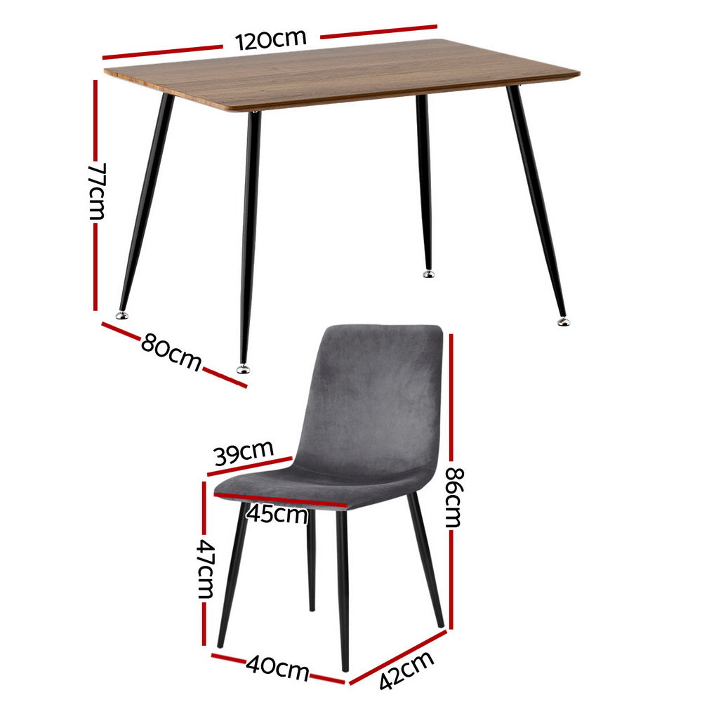 Dining Table and 4 Chairs Set Grey Velvet