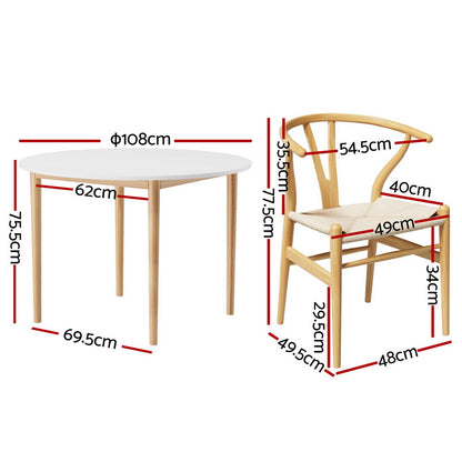 1 Dining Table and 4 Chairs Set Wishbone Wood