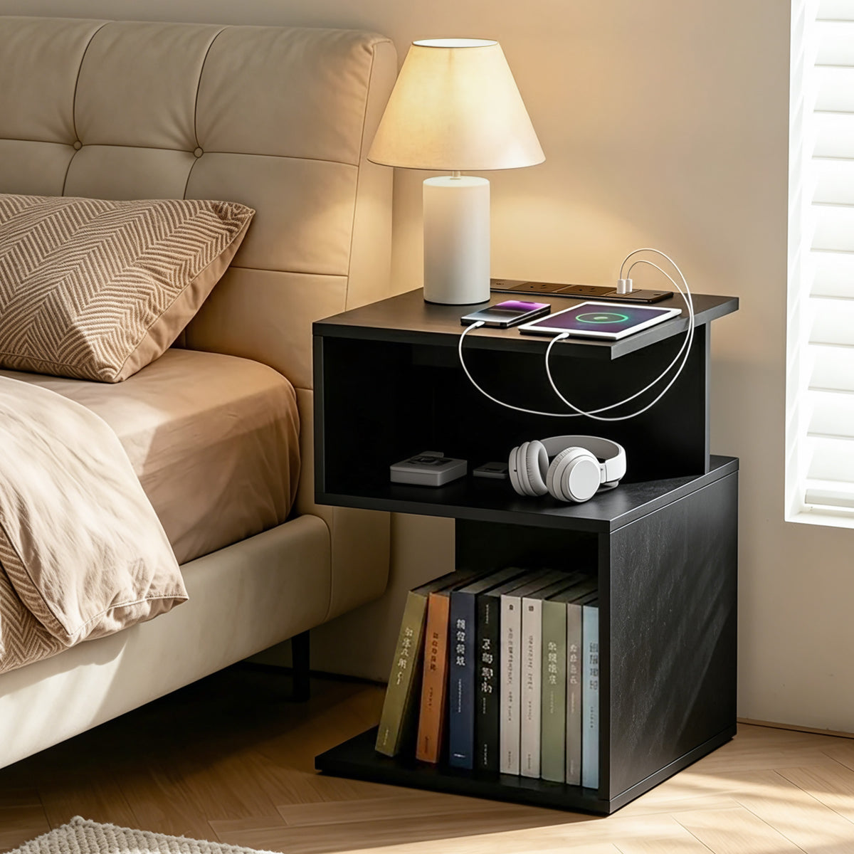 Artiss Bedside Table 2 Shelves S-Shaped Charging Station Black