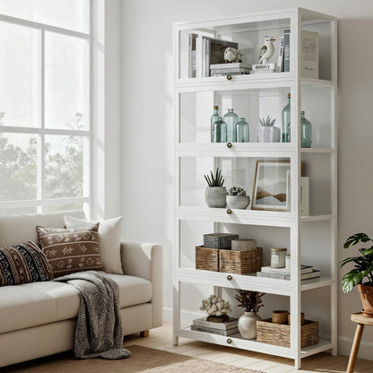 5-Tier Display Cabinet Storage Bookshelf Clear Shelf White