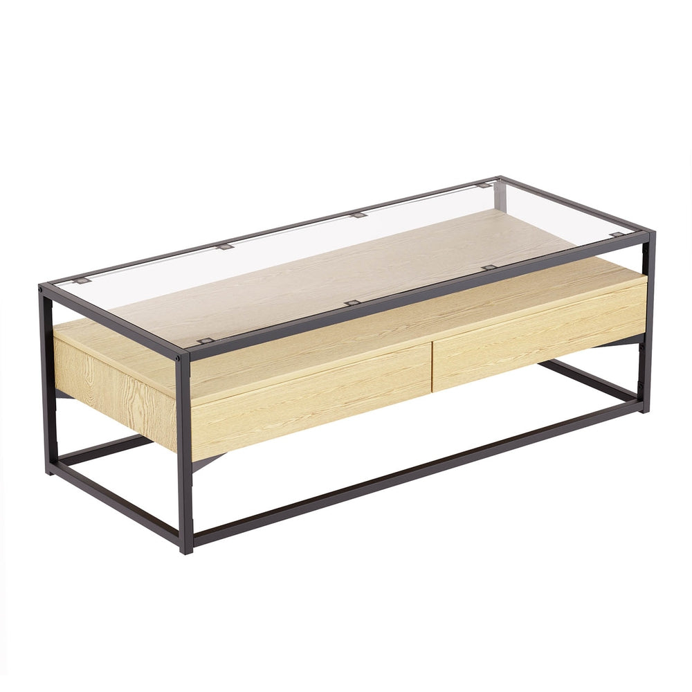 Pine Coffee Table 2 Drawers Glass Tabletop