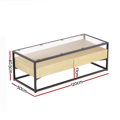 Pine Coffee Table 2 Drawers Glass Tabletop