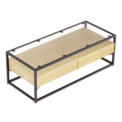 Pine Coffee Table 2 Drawers Glass Tabletop