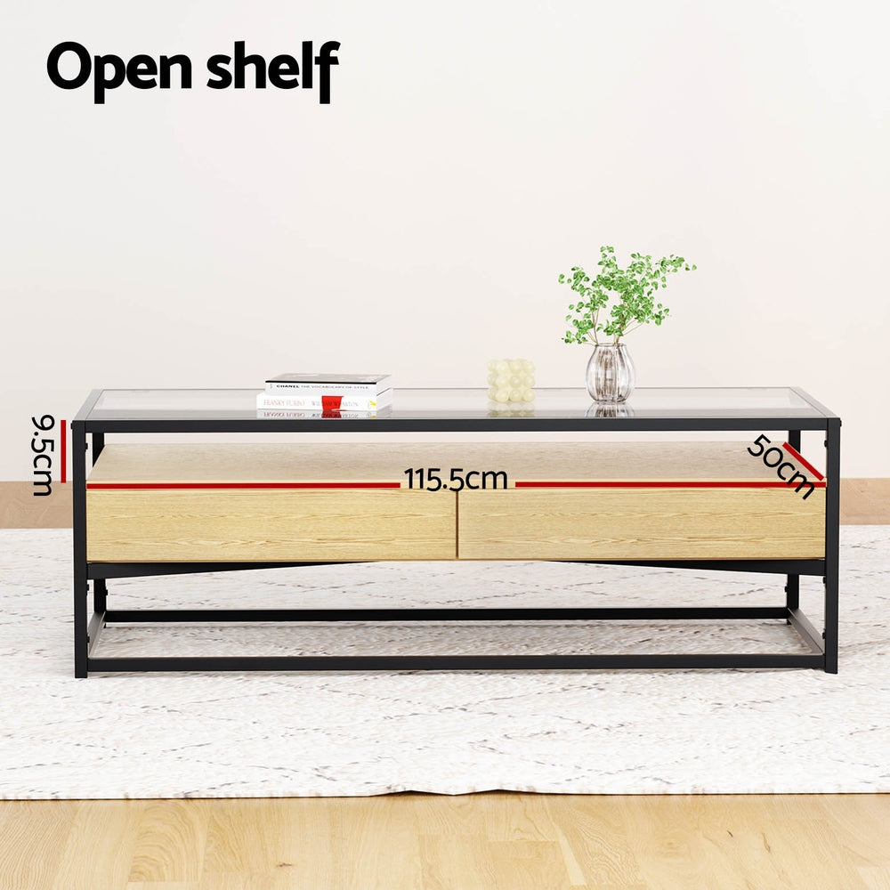 Pine Coffee Table 2 Drawers Glass Tabletop
