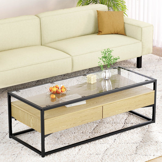 Pine Coffee Table 2 Drawers Glass Tabletop