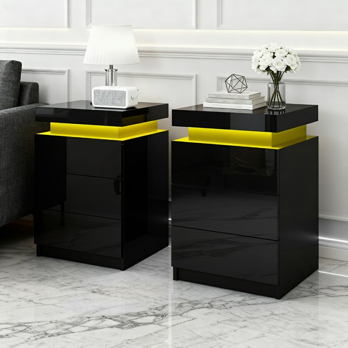 Artiss 2X Bedside Table LED 3 Drawers - COLEY Black