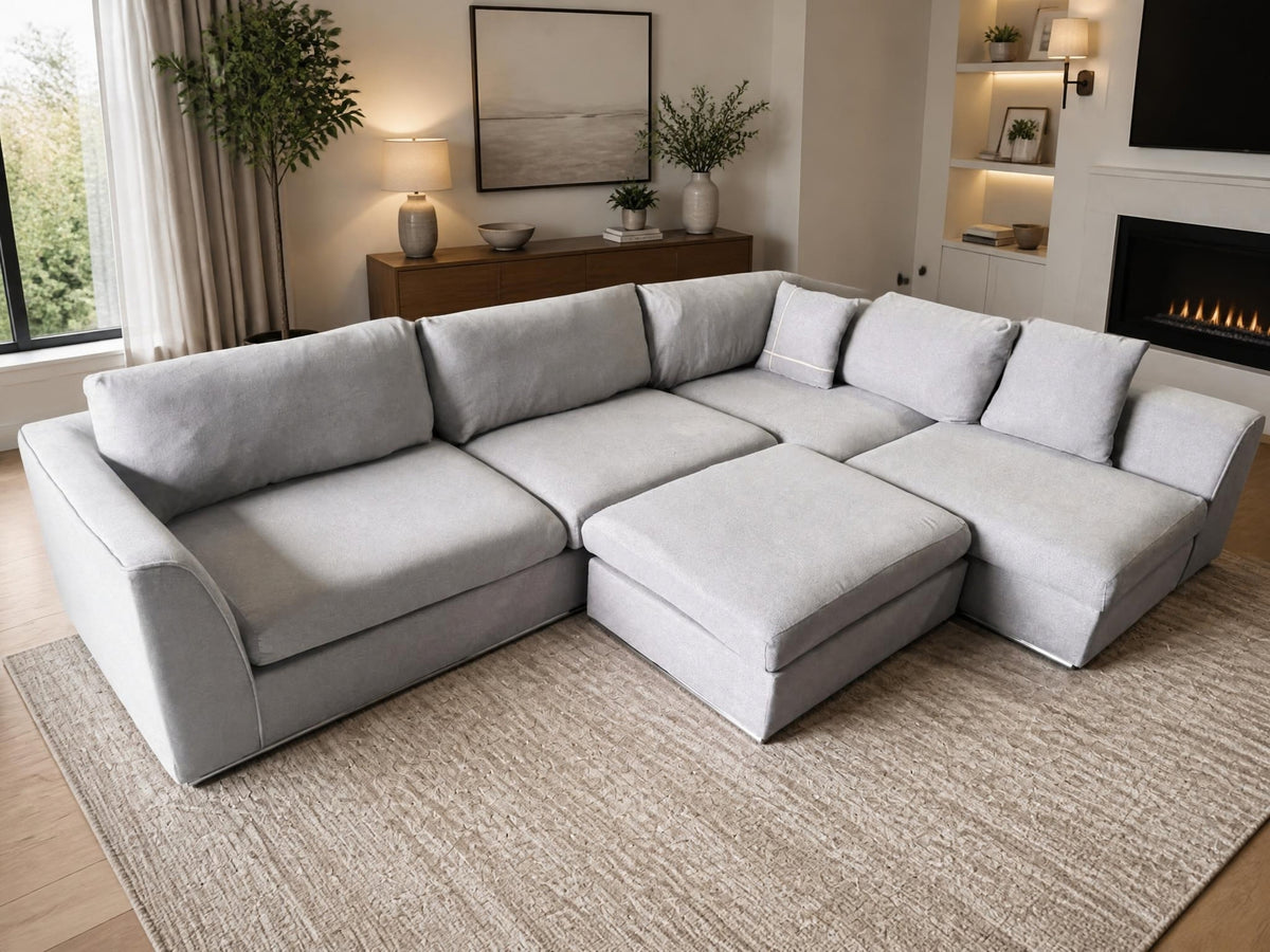 Focus On Furniture Light Grey L-Shape Sofa with Ottoman | Sydney Wide Delivery | Pre Owned
