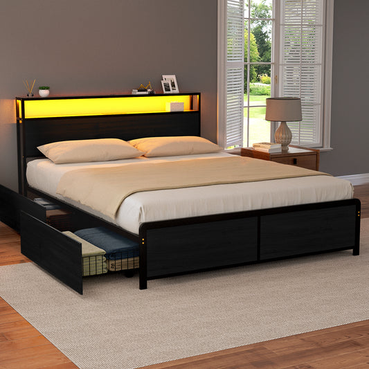 Metal Bed Frame Queen Size Storage Headboard Charge Station LED 4 Drawers