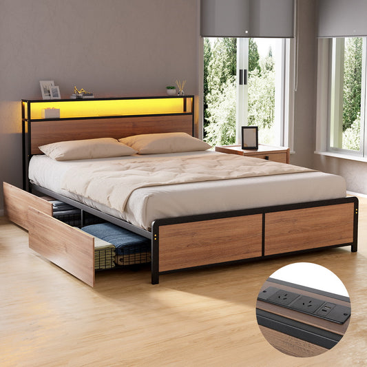 Metal Bed Frame Queen Size with 2-Tier Storage Headboard Metal Platform with 4 Storage Drawers Built in Charging Station & LED Noise-Free/Metal Support/No Box Spring Needed Vintage Brown