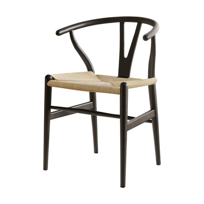 1x Dining Chair Wooden Rattan Wishbone Black