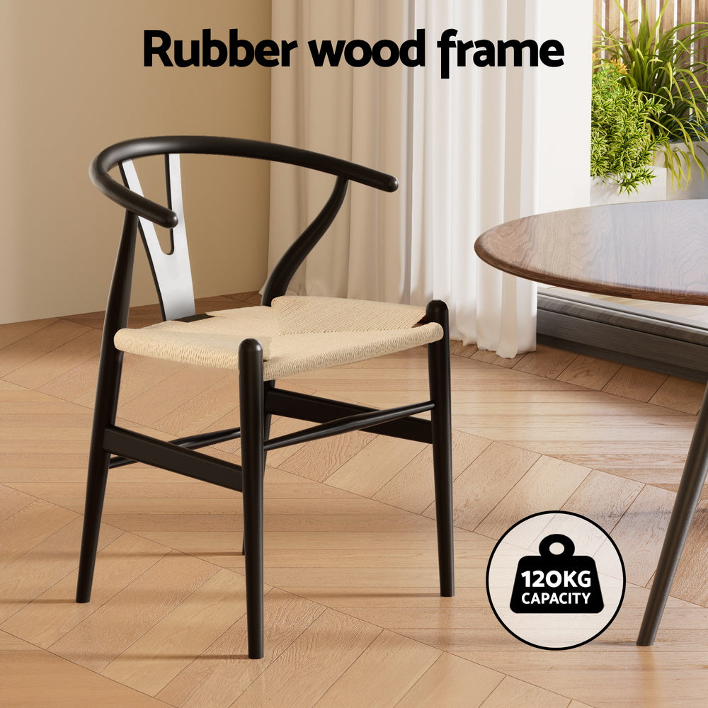 1x Dining Chair Wooden Rattan Wishbone Black