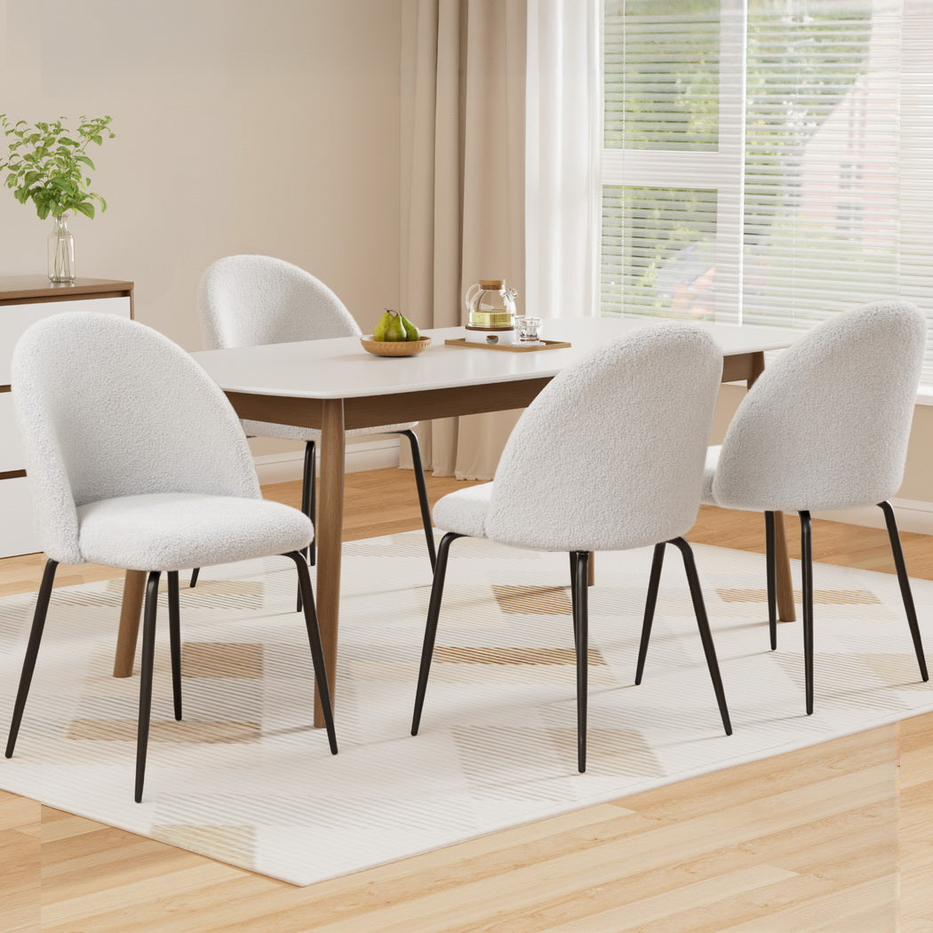 Dining Chairs Set of 4 Sherpa Boucle White