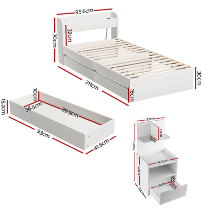 Single Bed Frame with Charging Ports and Bedside Table