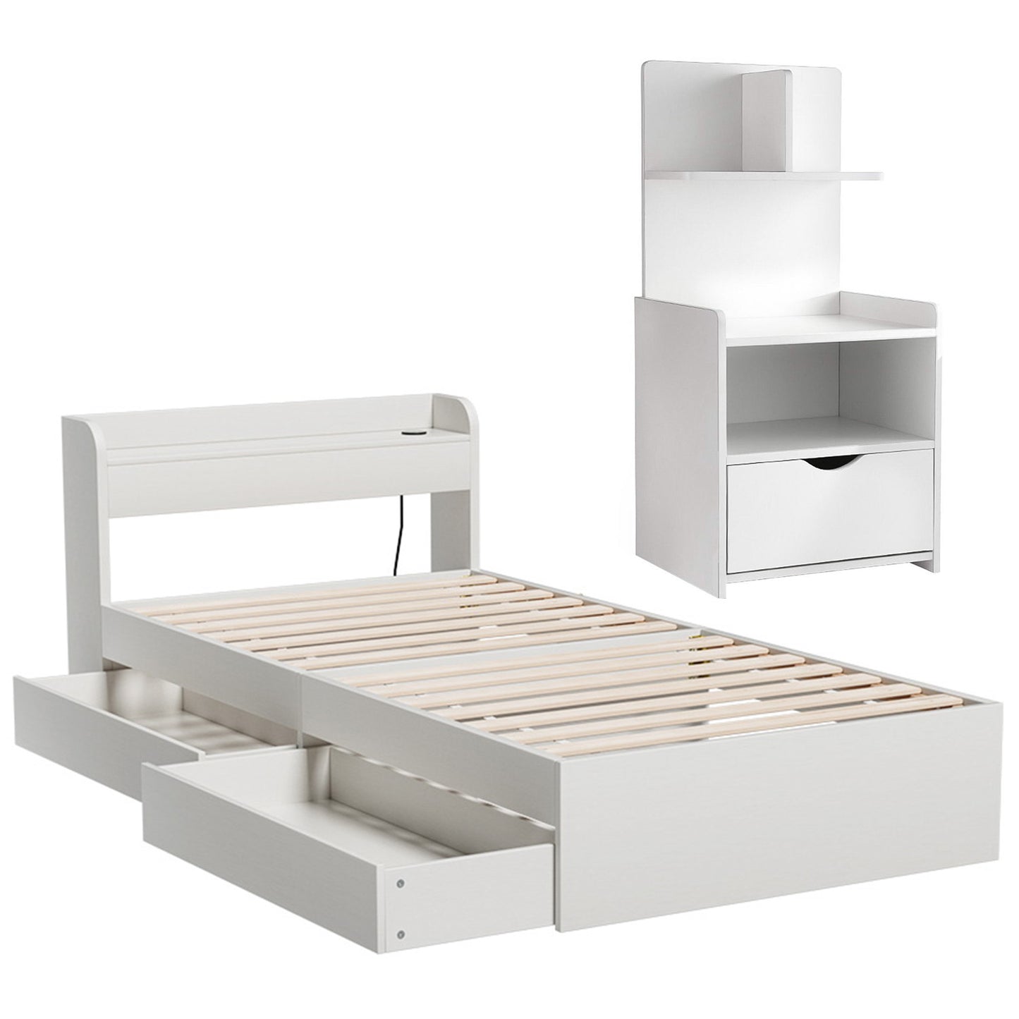 Single Bed Frame with Charging Ports and Bedside Table