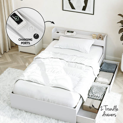 Single Bed Frame with Charging Ports and Bedside Table