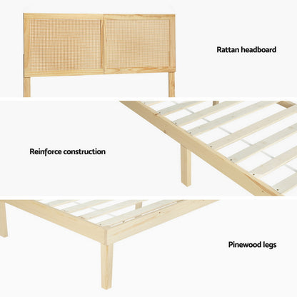 Artiss Bed Frame Double Size with Rattan Headboard Wooden Bed Base BRUNO