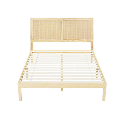 Artiss Bed Frame Queen Size with Rattan Headboard Wooden Bed Base BRUNO