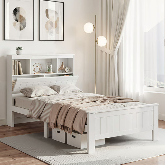 Bed Frame King Single Size Wooden with 3 Shelves Bed Head White