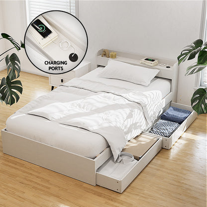 Bed Frame Single Size with Charging Ports and 2 Drawers AURA