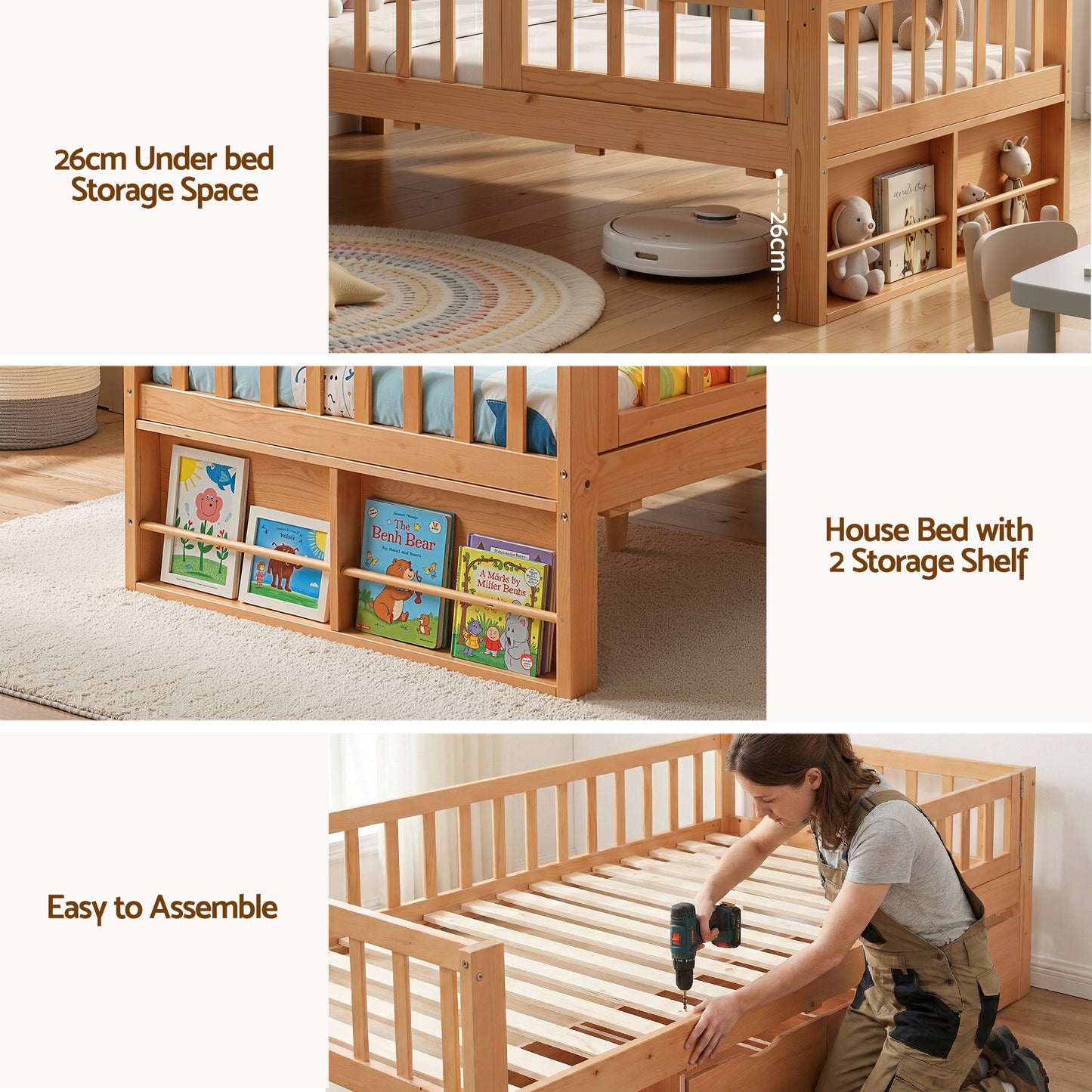 Artiss Kids Single Bed Frame with 3 Storage Drawer Montessori Bed for Toddler Natural