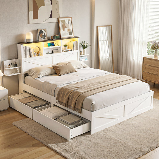 Queen Bed Frame with Storage Drawers White Platform Bedframe with Bookcase Headboard Charging Station Led Light