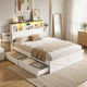 Queen Bed Frame with Storage Drawers White Platform Bedframe with Bookcase Headboard Charging Station Led Light