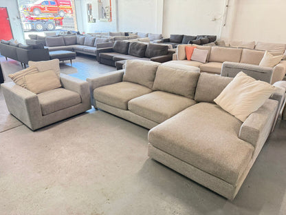 ⭐️ Grey L shape + rotating arm chair | Pre-owned – Steam cleaned | SYDNEY WIDE DELIVERY