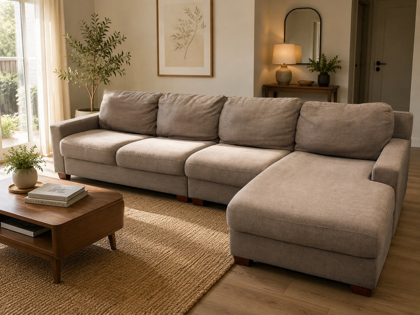 Plush Beige L-Shape Sofa – 4 Wide Seats | Pre-Owned | Steam Cleaned | Sydney-Wide Delivery