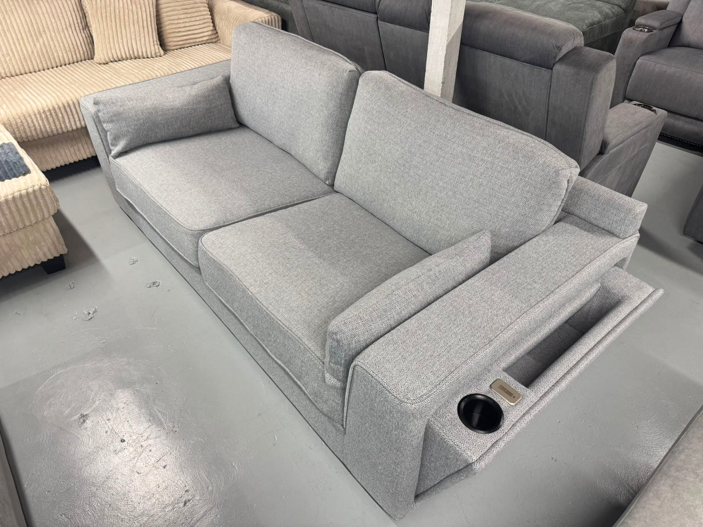 Harvey Norman Light Grey 2.5 Seater Sofa with Side Storage | Brand New | Sydney Wide Delivery