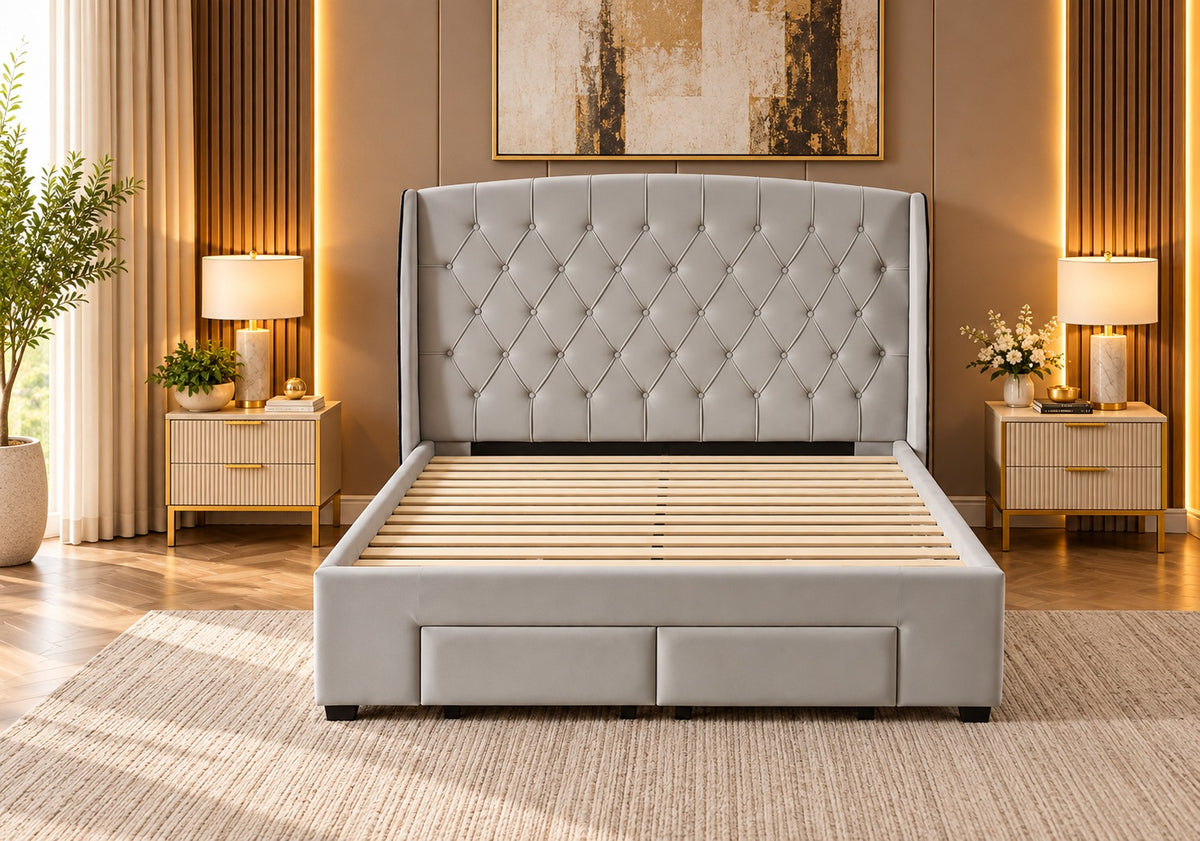 Brand New RIO Tufted Grey Bed Frame | 4 Drawers | King Size | Sydney Wide Delivery