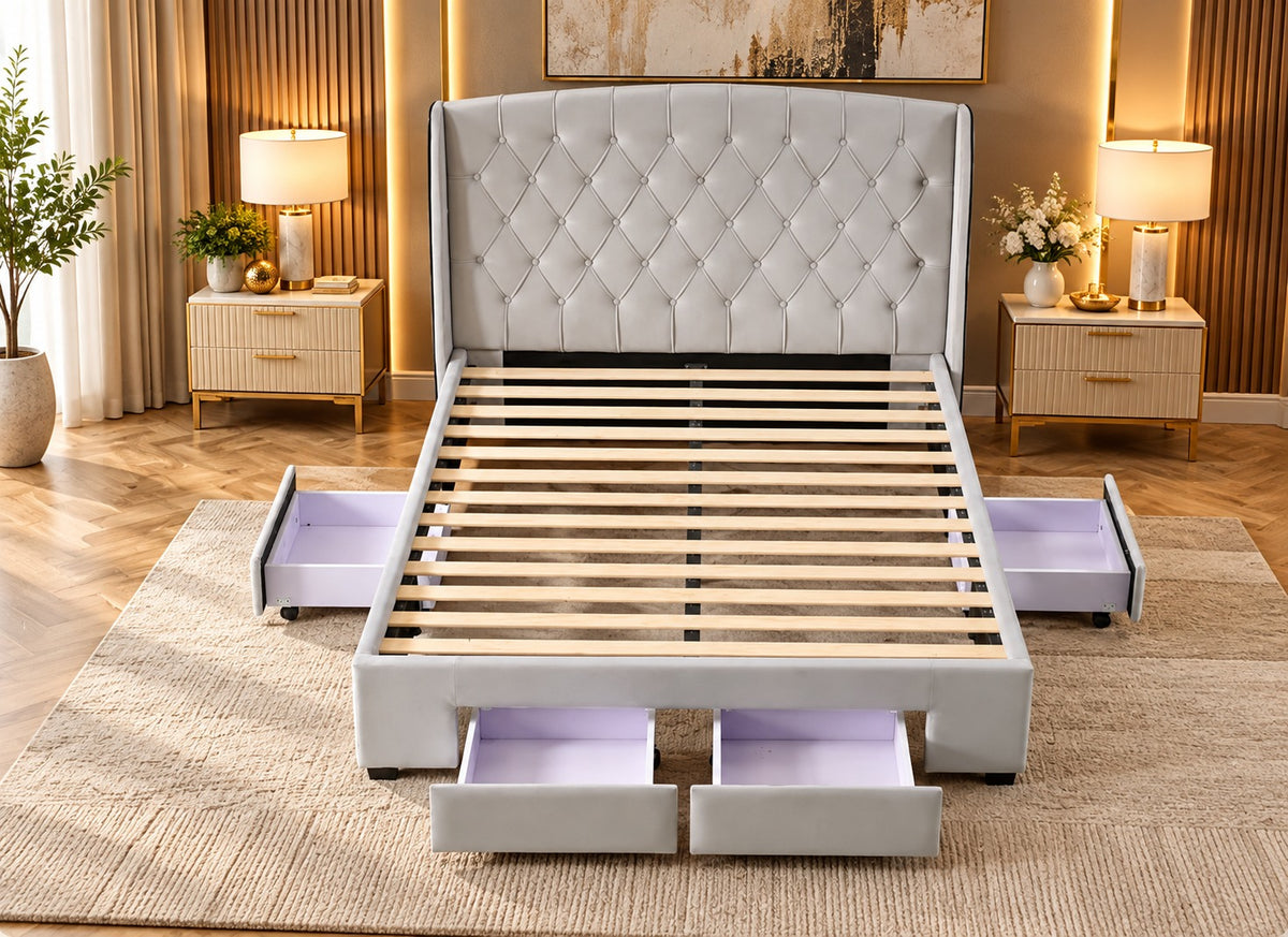 Brand New RIO Tufted Grey Bed Frame | 4 Drawers | King Size | Sydney Wide Delivery