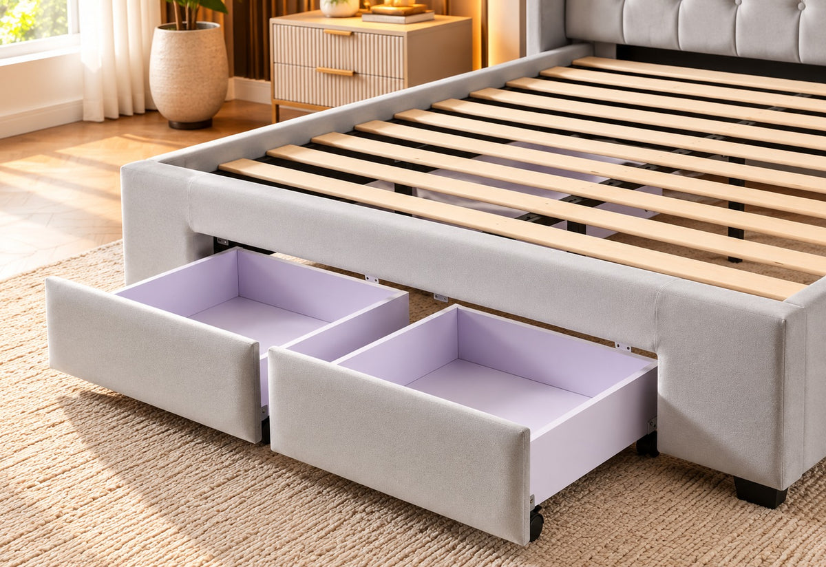 Brand New RIO Tufted Grey Bed Frame | 4 Drawers | King Size | Sydney Wide Delivery