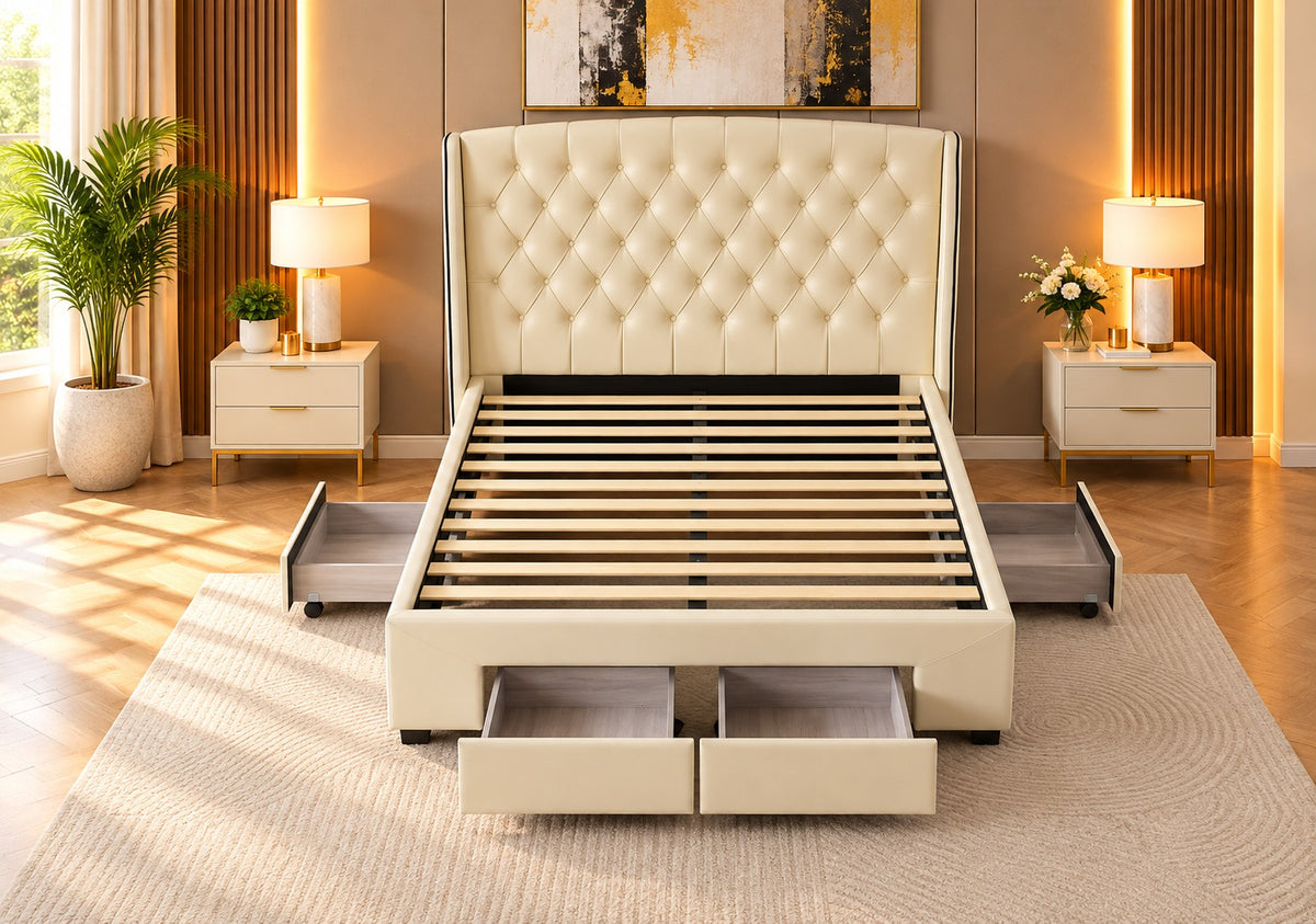 Brand New RIO Cream Tufted Bed Frame | 4 Drawers | Queen Size | Sydney Wide Delivery