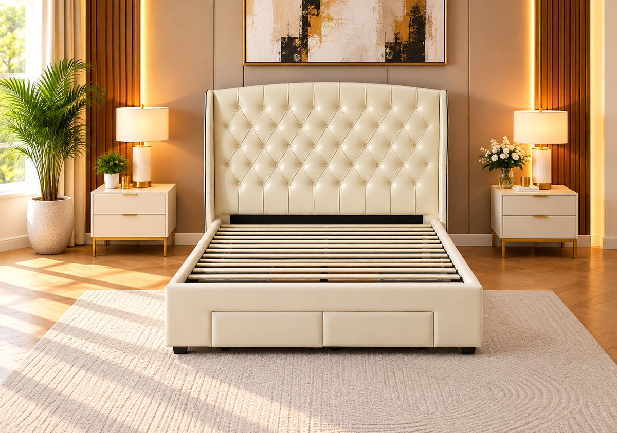 Brand New RIO Cream Tufted Bed Frame | 4 Drawers | Queen Size | Sydney Wide Delivery