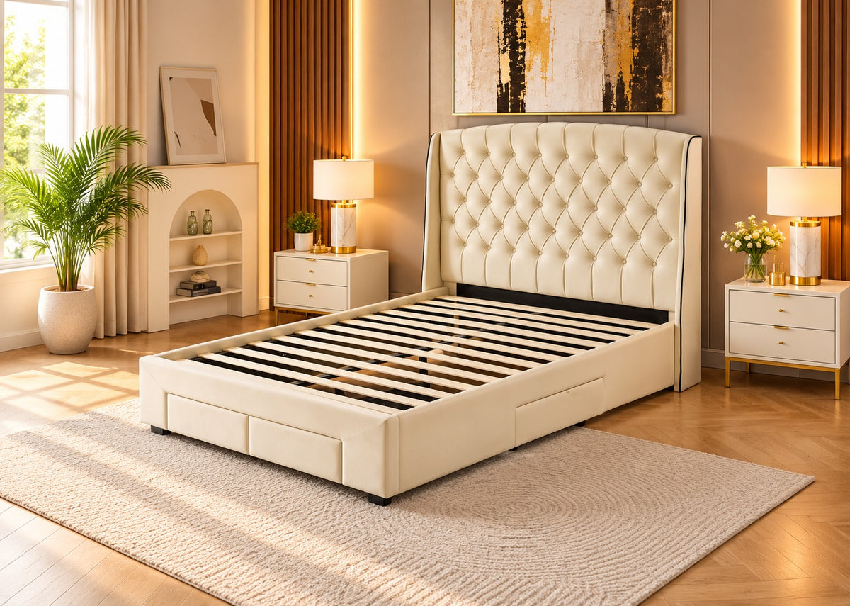 Brand New RIO Cream Tufted Bed Frame | 4 Drawers | Queen Size | Sydney Wide Delivery
