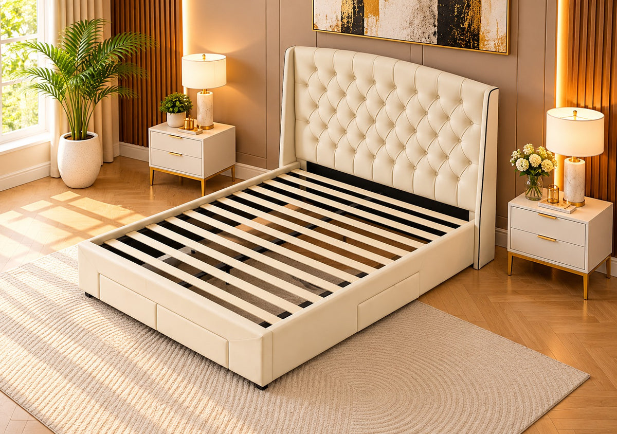 Brand New RIO Cream Tufted Bed Frame | 4 Drawers | Queen Size | Sydney Wide Delivery