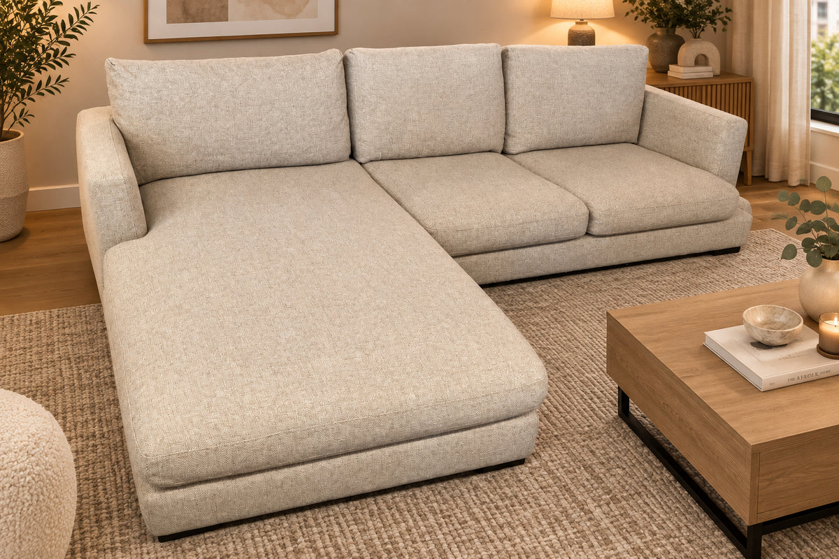 Freedom Beige L-Shape Sofa | Feather Comfort | Sydney Wide Delivery | Pre Owned